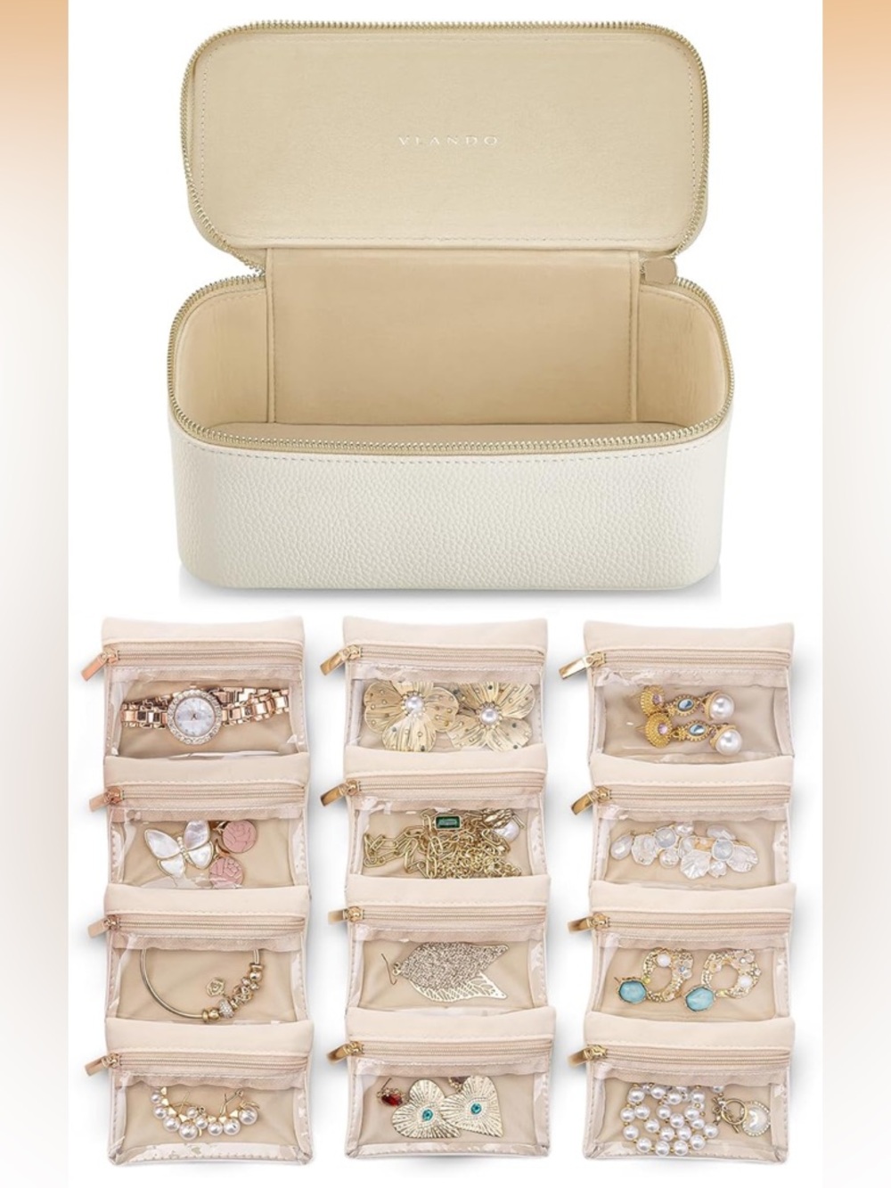 VLANDO Jewelry Travel Case, Organizer w/ Clear Velvet Jewelry Bags Zipper Pouch
